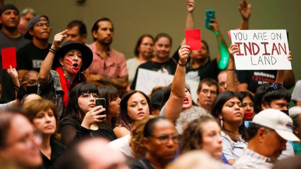 Protesters counter claims heard during a panel to address the post-McGirt landscape.