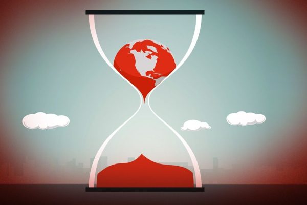 Illustration of Earth in an hourglass timer.
